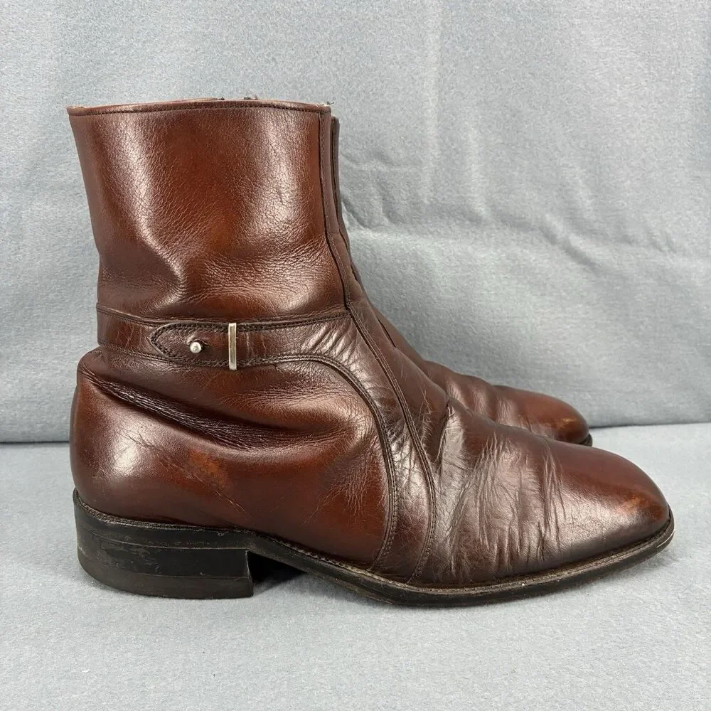 Vintage Freeman Brown Leather Ankle Boots Men’s Size 8 Side Zip Dress Boots USA